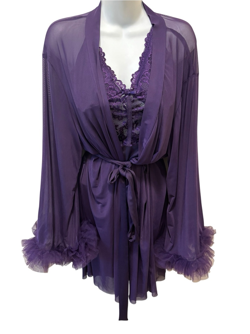 Boutique Lace Patchwork Camisole Nightgown & Bell Sleeve Sheer Robe Set Sz 2X